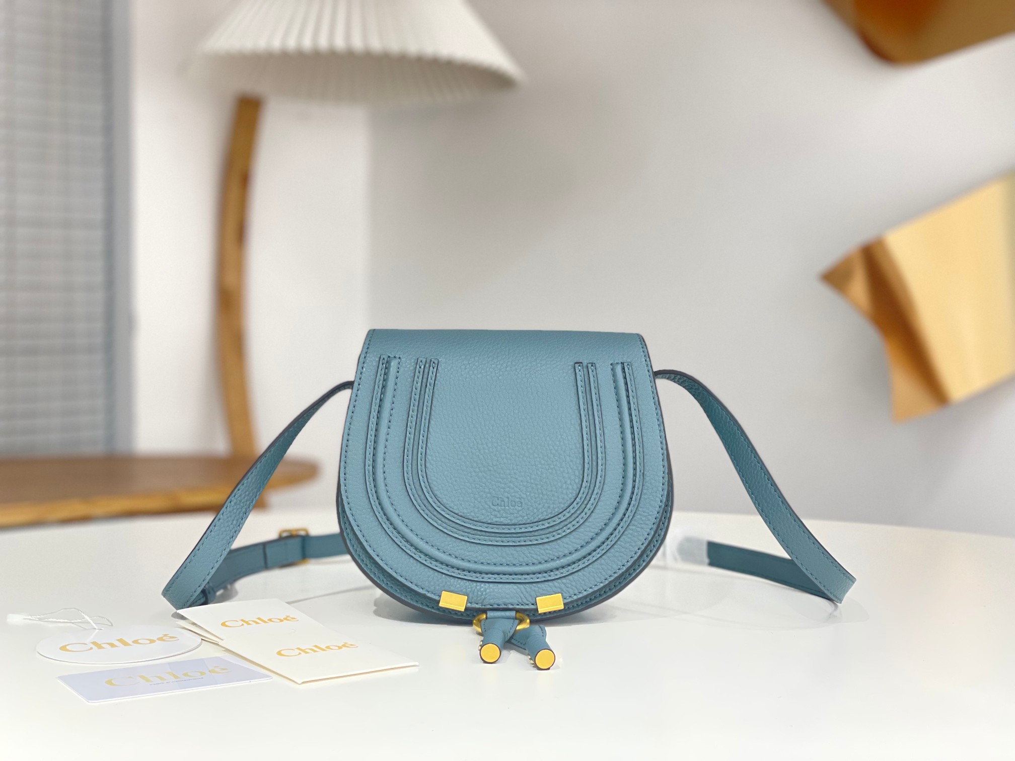 Chloe Small Marcie Saddle Shoulder Bag In Light Blue Grained Leather